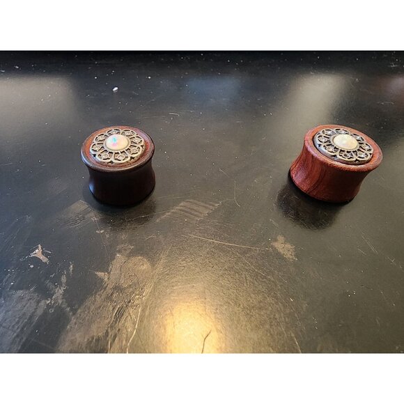 Vintage Style Wooden Ear Gauges With Opal Inlay - Picture 1 of 5